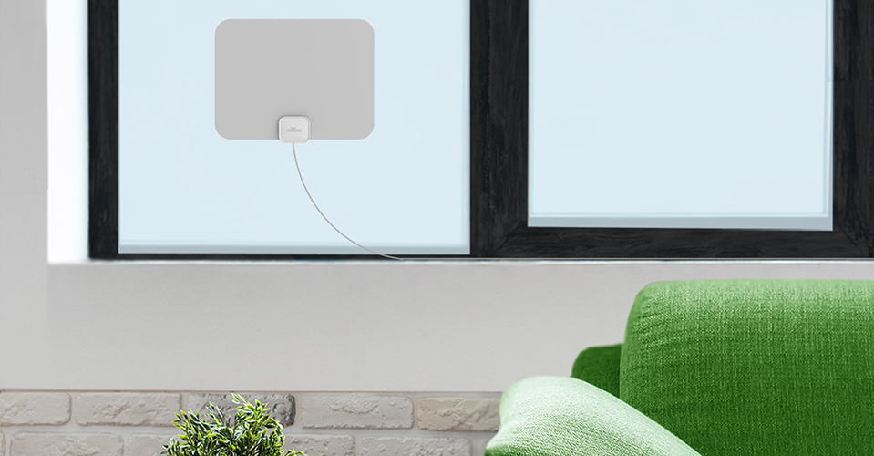 living room with a green couch and a Mohu Leaf adhered to the window